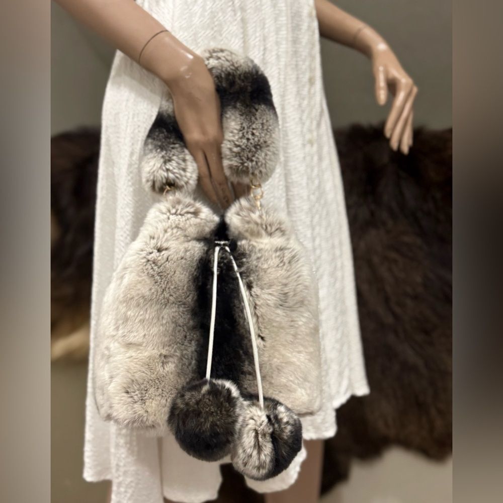 Handmade 2 Tone Real Rex Rabbit Fur Drawstring Bucket Bag,Includes 2 Straps - Picture 4 of 15